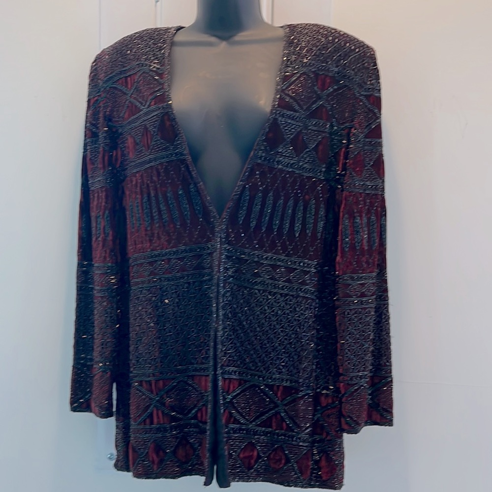 Vintage OLEG CASSINI Black Tie Neiman Marcus Wine Velvet and black beaded jacket
